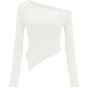 Zenlonr Womens Long Sleeve Shirts Fall Outfits 2025 Off The Shoulder Tops Asymmetrical Fitted Knit T Shirts Going Out Tops (Small)