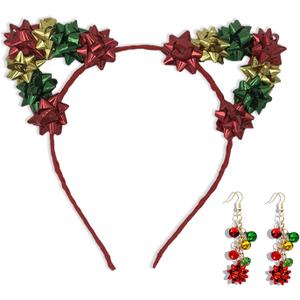 Christmas Cat Ears Headband Set Jingle Bell Earrings for Women, Christmas Ears Headband, Cute Xmas Festive Holiday Hair Accessories for Kids Girls