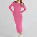 ANRABESS Women Long Sleeve Sweater Dress Crewneck Bodycon Stretch Slim Fit Ribbed Knit Midi Dresses 2025 Fall Trendy Outfits Hot Pink X-Large (Pink, XL)