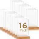 Vinsot 16 Pack Clear Acrylic Sign with Wood Base T Shape Sign Holder Vertical Acrylic Blank Stands Desktop Display Plastic Menu Frames Double Sided Flyer Stand for Wedding Restaurant Party Decoration
