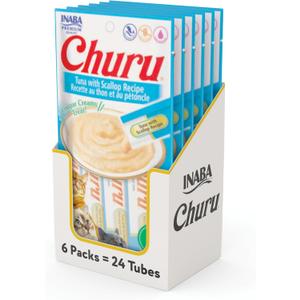 INABA Churu Cat Treats, Lickable, Squeezable Creamy Pure Cat Treat with Green Tea Extract & Taurine, 0.5 Ounces Each Tube, 24 Tubes (4 per Pack), Tuna with Scallop Recipe (EXP 07/24/26)