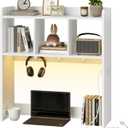 HOOBRO Desktop Bookshelf, Office Desktop Shelf, Desk Hutch with Outlets, Wooden Office Desktop Bookcase, Desktop Organizer Shelf with LED Light Strip and 3 Hooks, for Home, Study, White WT12UDSJ01