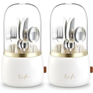 2 Pack 360 Rotating Silverware Organizer, Utensil Holder with Lid for Kitchen Counter, Silverware Caddy with Drainage Dustproof Flatware Holder for Cutlery Spoon Fork Storage, White(7 Slot)