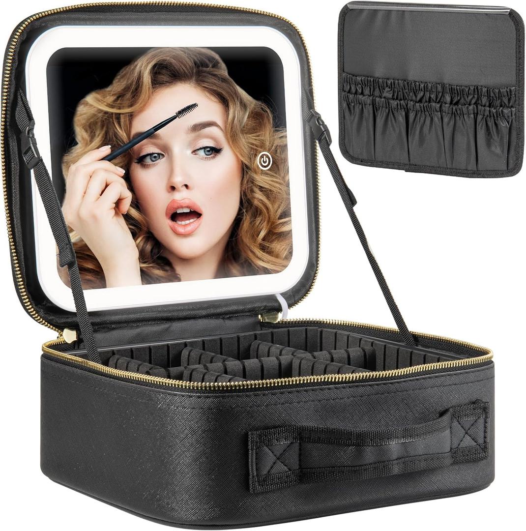 Makeup Travel Train Case with Mirror LED Light 3 Adjustable Brightness Large Cosmetic Bag Portable Storage Adjustable Partition Waterproof Makeup Brushes Make up Jewelry Gift for Women (Black)