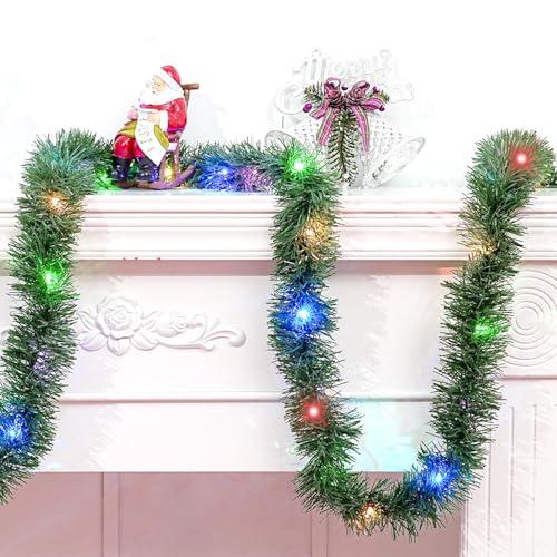 vannyster 16.4 Ft Christmas Tinsel Garland, 1 Pack Green Metallic Garland with 50 Color LED Lights, Artificial Xmas for Indoor Outdoor Tree Decoration, Holiday Party Supplies