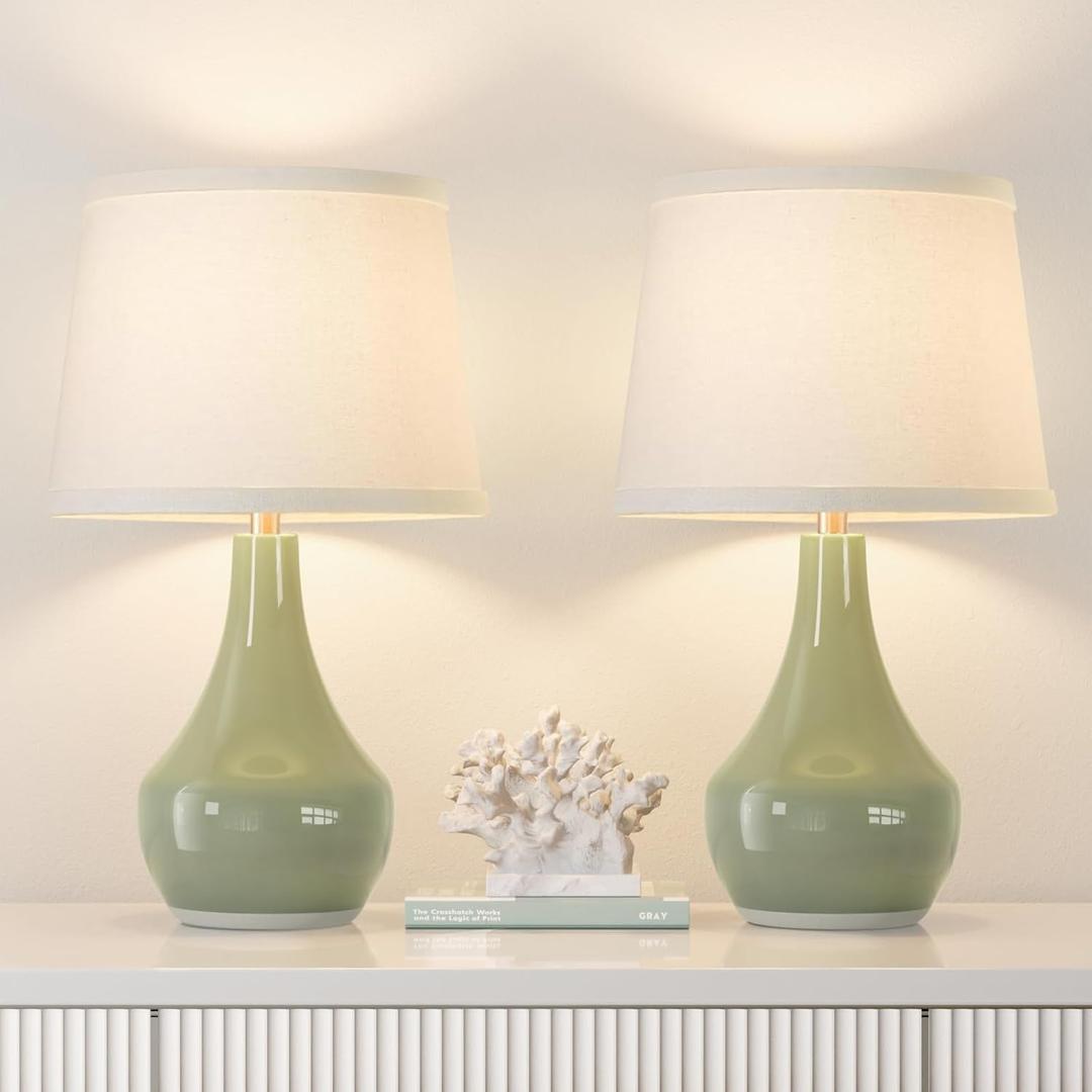 Seealle Modern Green Table Lamps Set of 2 - Bedside Lamps for Night Stands, 19.4" Bedroom Lamps for Living Room Sage Green Lamps with Rocker Switch