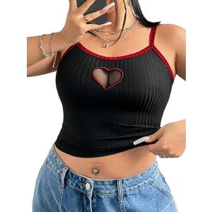 SOLY HUX Women's Plus Size Cami Crop Tops Contrast Mesh Spaghetti Strap Summer Top Black Heart 4XL