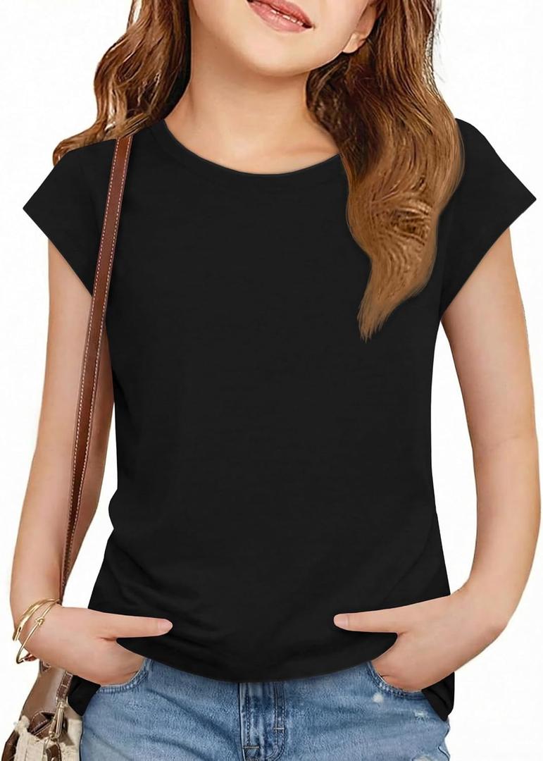 ZDC Girls Short Cap Sleeve T Shirts Kids Crewneck Summer Tops Basic Tees 5-14 Years (Black, L)