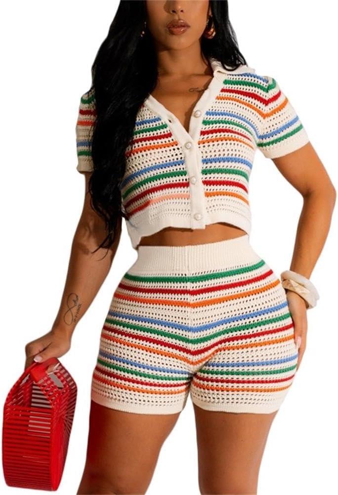 cu4eve Crochet Sets Two Piece Women Summer Causal Knit Short Sleeve Button Down Shirt and Shorts Matching Set Jumpsuit S