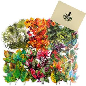 90PCS Leaf PET Stickers Botanical Designs from Tropical Green to Autumn Maple, Waterproof Die-Cut Peel and Stick for Scrapbook Journal Collage Planner