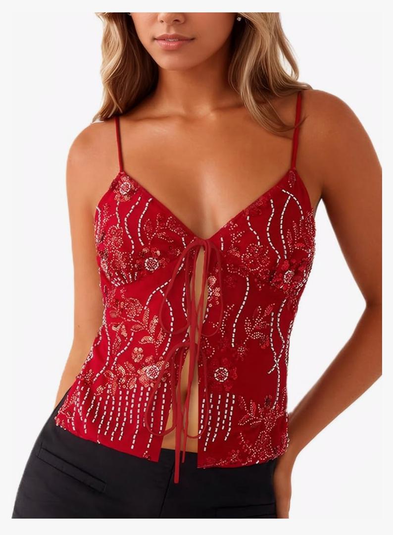 Ythomm Women Sequin Cami Tank Tops Sparkle Rhinestone Sleeveless Camisole Tie Up Front Backless Y2k Crop Tops Summer Clubwear S