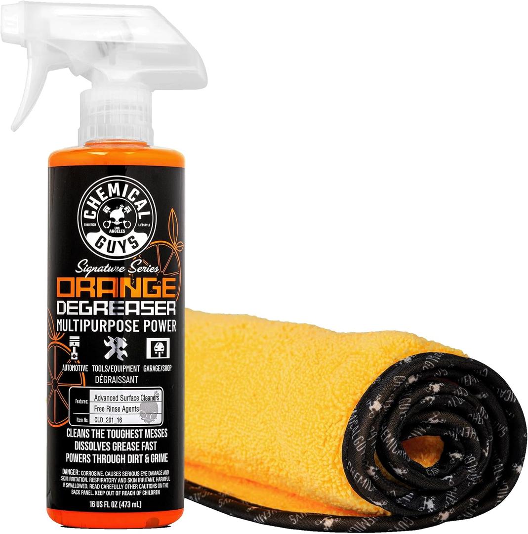 Chemical Guys Orange Degreaser 16 oz - with Professional Grade Microfiber Towel - Heavy Duty Cleaning Kit for Engines, Wheels, Tires, & More - Powerful Citrus Formula Removes Grease & Grime