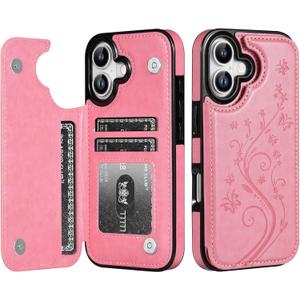 Korecase Compatible with iPhone 17 Wallet Case with Card Holder, Classic Butterfly Leather Kickstand Purse Cover, Double Magnetic Buckles Shockproof Slim Flip Phone Case for Women 2025 -Pink