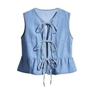 APRROOT Denim Vest Women Tie Front Jean Vest Top Sleeveless V Neck Casual Peplum Tops 2025 Y2K Trendy Summer Tank Tops Blue Large