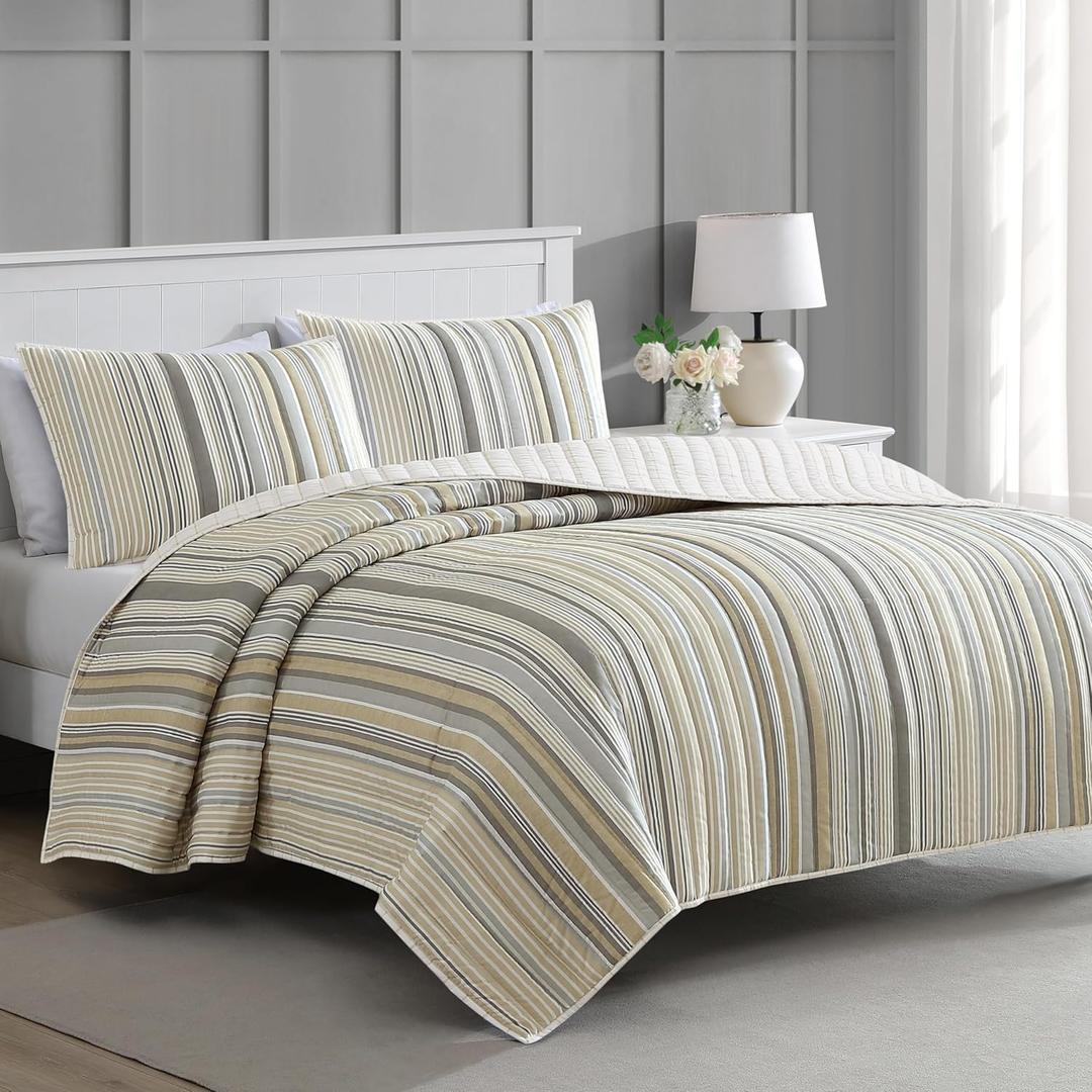 Martha Stewart Full Queen Size Quilt Bedding Set - 3 Piece, Soft Washed Microfiber, Printed Bedspread, Reversible, All Season, 1 Quilt, 2 Standard Pillow Shams, Gray & Khaki, Lefferts Stripe Print