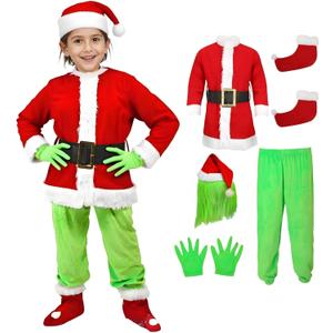 6PCS Kids Green Monster Costume Santa Claus Outfit for Boys Girls Christmas Cosplay Party Accessory Suits (Small)