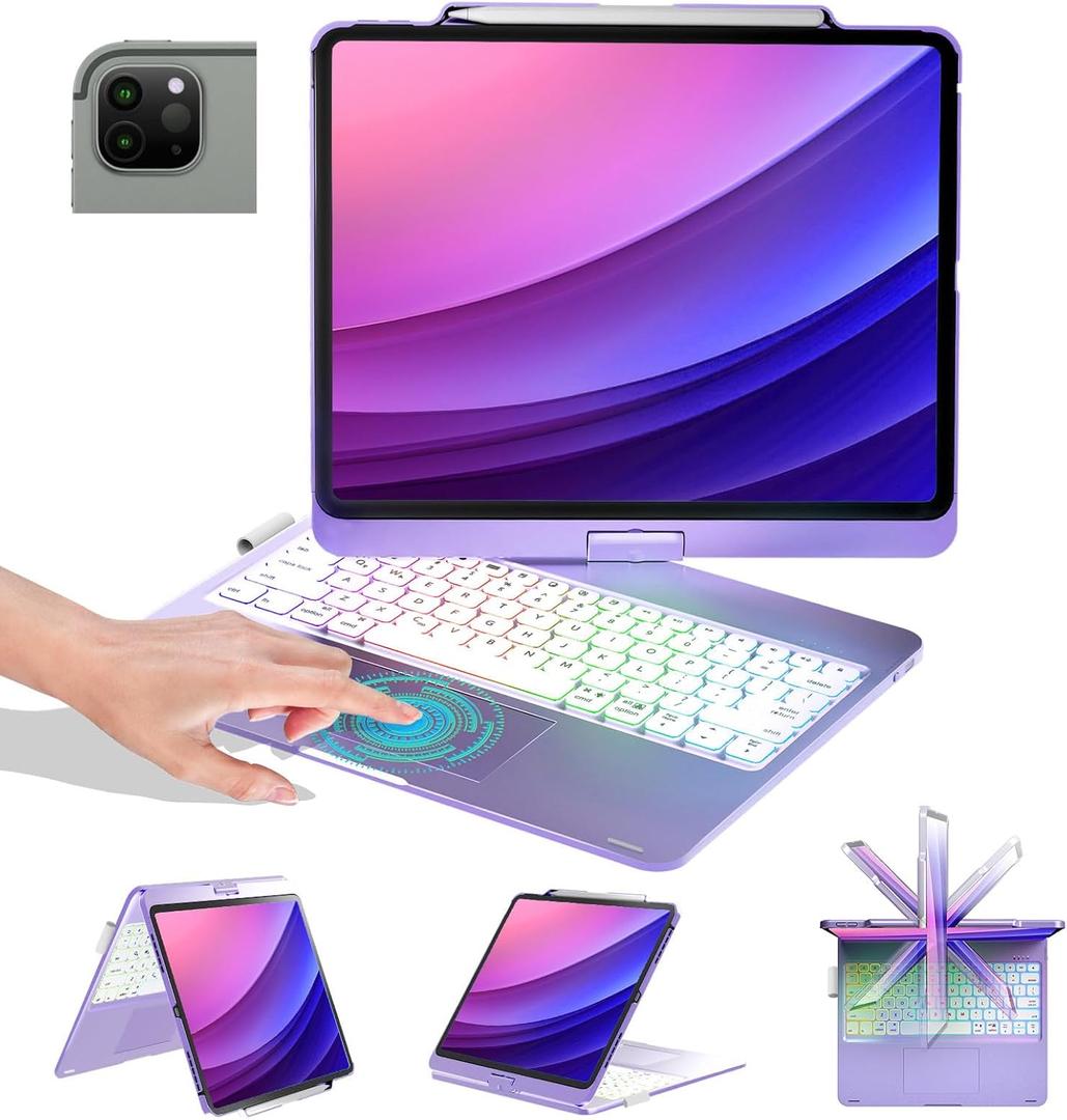 BABG Keyboard Case for iPad Air 13 inch(M3/M2)&iPad Pro 13(M5/M4),iPad Pro 12.9(6th/5th /4th/3rd Gen) Case with Keyboard,360 Rotatable,Toupad,Backlits,Pencil Charging-Puple (Purple)