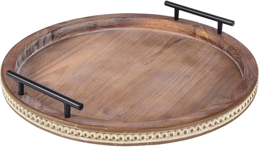 16 Inch Round Coffee Table Tray for Living Room, Beaded Circle Wooden Decorative Tray with Handles, Farmhouse Trays for Kitchen Island Decor, Rustic Coffee Table Centerpiece Decor