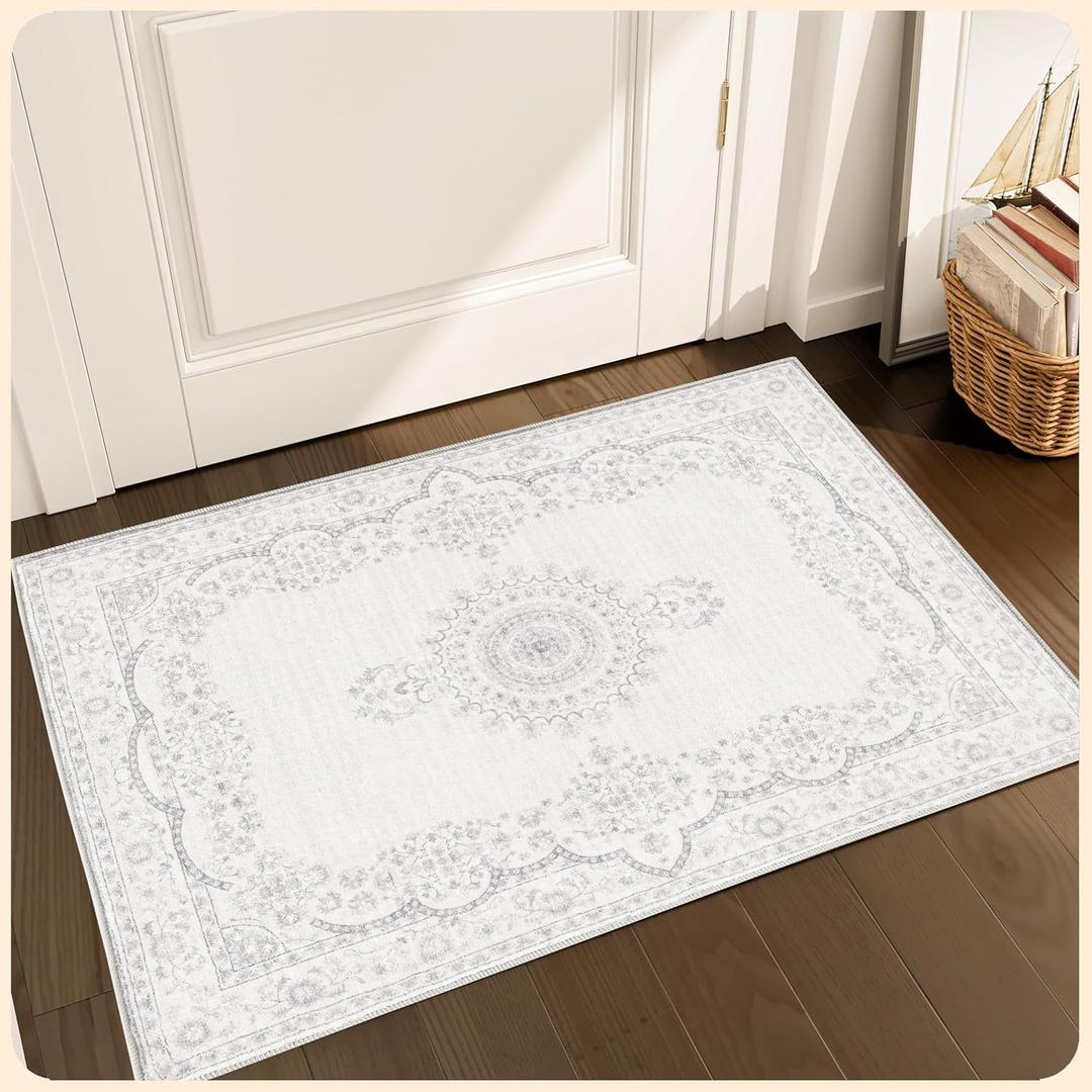 Istana Small Rug 2x3 - Grey/White Cream Rugs for Living Room - Foldable 2x3 Washable Rug Non Slip - Non-Shedding Area Rug Living Room - Anti-Slip Oriental Rugs w/Soft Microfiber