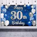 Happy 30th Birthday Decorations,30th Blue & Silver Balloon Large Birthday Banner Backdrop Sign - Cheers to Thirty Years Old Bday Party Supplies.