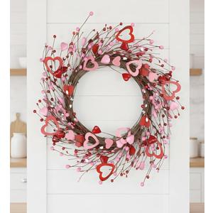12 Inch Valentines Day Wreath, Pink Red White Farmhouse Style | Artificial Front Door Decor with Wooden Hearts & Berries, for Indoor/Outdoor Anniversary, Wedding & Seasonal Decorations
