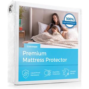 Linenspa Waterproof Mattress Protector, Full Size Fitted Sheet Style, Breathable, Machine Washable & Dryer Safe, White