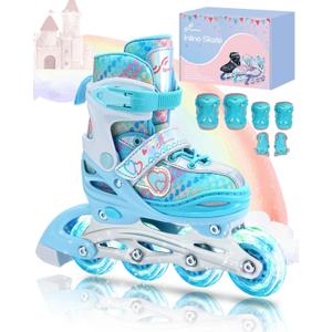 Sportneer 4 Size Adjustable Inline Skates for Girls, Kids Inline Skates Size 12C-9 with Light Up Wheels Roller Blade with Protective Gear Set for Kids Girls Women Beginners Indoor & Outdoor Use L