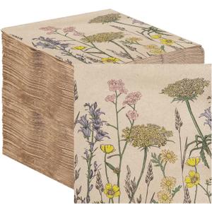Table Kind 100 x Soft Recycled Floral Napkins Wildflower Soft Paper Napkins Pretty Wild Flower Serviettes for Spring Eco Friendly, Everyday & Compostable Weddings, Tea Party, Birthday Natural Kraft