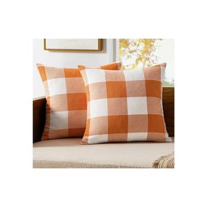 MIULEE Pack of 2 Fall Throw Pillow Covers Decorative Classic Farmhouse Buffalo Check Plaids Linen Soft Pillow Case Orange and White Cushion Case for Sofa Bedroom Outdoor 20 x 20 Inch
