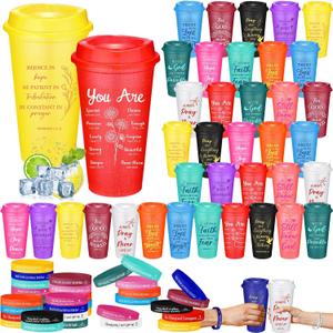 Pickmesh 72 Pcs Mother Day Christian Gifts Bulk 16oz Reusable Christian Coffee Cups with Lids and Bible Verse Bracelets, Religious Inspirational Gifts for Sunday School Church Party Favor, 6.81 x 4.17 inches