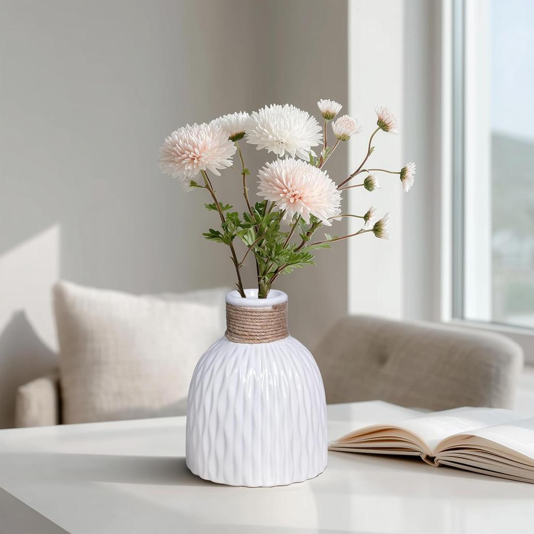White Ceramic Vase, Small White Vase for Flowers, Modern Textured Vases Home Decor, Coffee Tables Wedding Room Living Room Shelf Decor,Office Desk 6 inch
