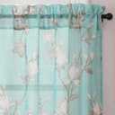 Aqua Floral Semi Sheer Kitchen Curtain Tiers and Valance Set 3 Piece | Floral Design, Linen Textured, Light Filtering, Privacy, 1 Valance 2 Tiers, Kitchen Bathroom Bedroom, 26"W x 36"L