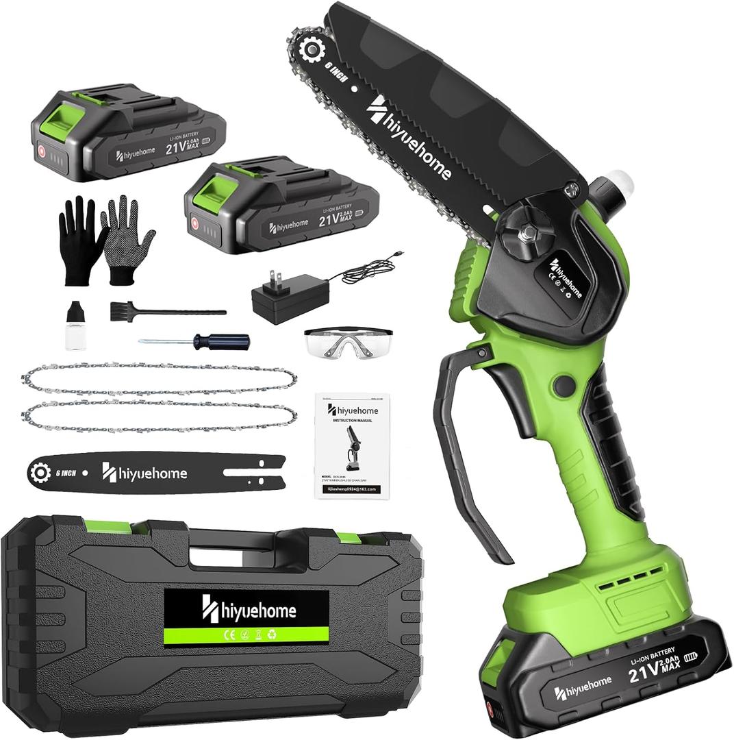 6inch Mini Chainsaw, Chainsaw Cordless w Automatic Oiler, Handheld Electric Power Chain Saw w Security Lock, Brushless Motor,Chainsaws for Wood/Trees Trimming (Green - 2 batteries, 6 INCH)