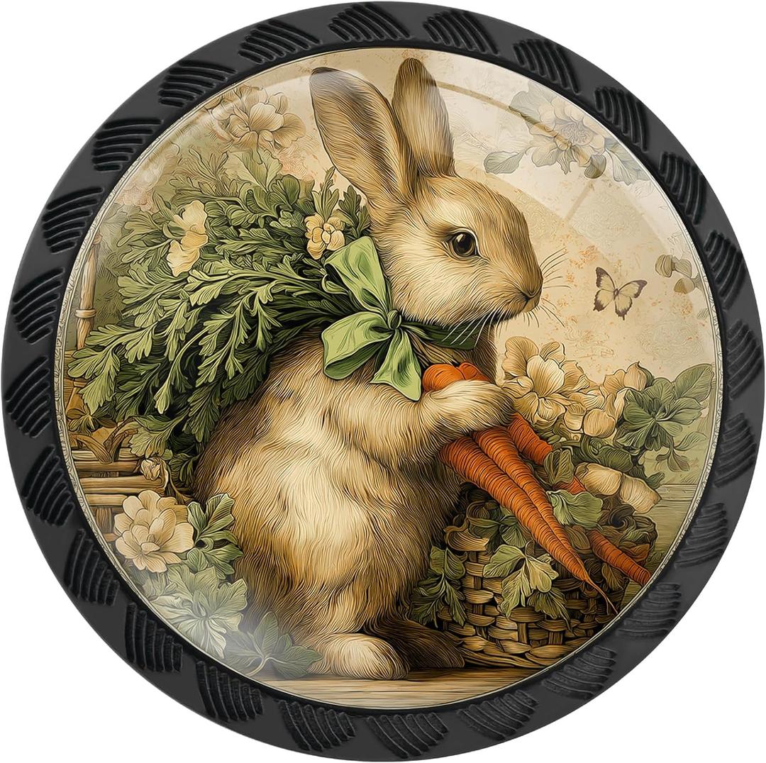 4 Pack Vintage Bunny with Carrots Cabinet Knobs Round Drawer Pulls Black Dresser Knob Cupboard Door Handles Hardware for Kitchen Bathroom Cabinets
