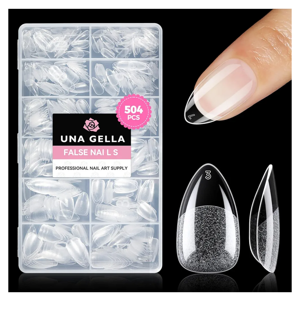 UNA GELLA Short Almond Nail Tips: 504PCS Short Fake Nails Soft Press On Gel Nail Tips Pre Shaped Almond Shape Home Nail Extension Full Cover, 12 Sizes Acrylic Gelly Tips