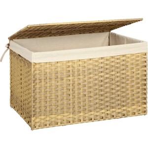 SONGMICS Storage Basket with Lid, Woven Blanket Storage Bin with Handles, Foldable, Removable Liner, Metal Frame, for Bedroom, Laundry Room, 42.3 Gallons (160 L), Natural URST76NL