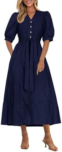 PRETTYGARDEN Summer Dresses for Women 2026 Elegant Classy Short Sleeve V Neck Ruffle A Line Belted Long Beach Vacation Dress M