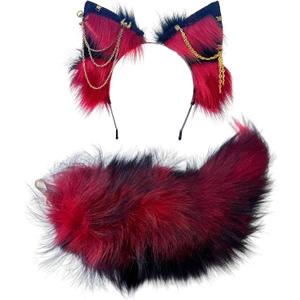 Cat Fox Wolf Ears and Tail Set - Plush Cosplay Clips Headband and Tail for Halloween, Costume Accessories,Gothic Punk 02ALL (Gd Skeleton Re Bl Re)