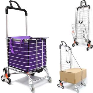 Stair Climbing Collapsible Shopping Carts for Groceries and Hand Truck 2-in-1,Lightweight Utility Cart with Waterproof Liner Basket, Elastic Cord for Luggage,Camping,Transport,60L (EL)