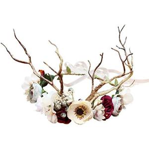 LLinfflr Deer Antler Hair Band with Flowers, Adjustable Size, 16cm-18cm Diameter, Hair Hoop, Party, Cosplay, Costume, Unisex