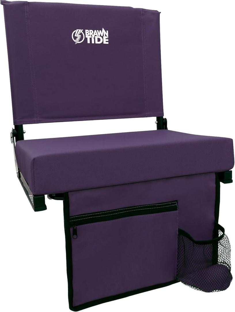 BRAWNTIDE Wide Stadium Seat - Extra Thick Cushion, Great Back Support, Lightweight Chair, Multiple Storage Pockets, Compact, Ideal for Sporting Events, (Purple)