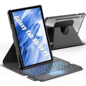 INFILAND for Samsung Galaxy Tab S9/ S9 FE 5g Case with Keyboard [High Precision Trackpad & 7 Color Backlit & S Pen Holder], Detachable Wireless Keyboard Case with 360 Degree Rotating Stand, Light black