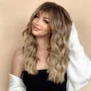 XIXIBI Ombre Blonde Wigs with Bangs Blonde Wigs for Women Long Wavy Curly Ombre Wig with Dark Root Synthetic Wig for Women Daily Party Use (20inch)