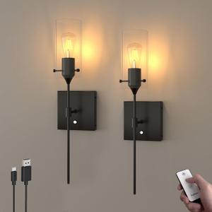 Battery Operated Wall Sconce with Remote Control, Dimmable Wall Lamp Set of 2 Rechargeable, Black Wireless Wall Mount Light for Living Room Bedroom Hallway Farmhouse, Bulb Included