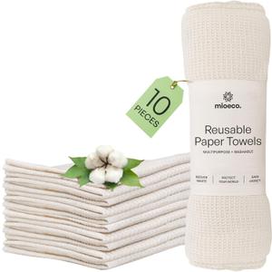 mioeco 10 Pack Reusable Kitchen Paper Towels Washable - Super Absorbent Natural unPaper Towels - Natural Cotton - Reusable, Paperless Kitchen Dish Cloths - 100% Organic (10 Pack White (12 x 10 inches))