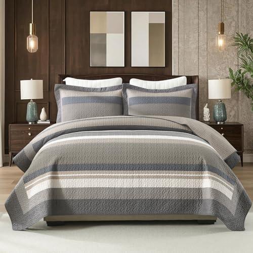 QuiltEase Stripe Quilts King Size - 3 Pieces Quilt Sets - 100% Cotton Farmhouse Bedspread Bedding Set for All Season - Reversible Lightweight Comforter - Brown/Oatmeal/Dark Grey/Smokey Olive