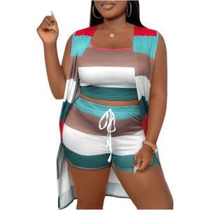SHENHE Women's Plus Size 3 Piece Outfits Colorblock Striped Tank Top and Shorts Set with Cardigan (X-Large, Green) SHENHE Women's Plus Size 3 Piece Outfits Colorblock Striped Tank Top and Shorts Set with Cardigan (X-Large, Green)