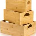 DEAYOU 3 Pack Bamboo Storage Bin, Bamboo Storage Box Crate, Natural Nesting Organizer, Stackable Cubby Basket Container Holder with Handle for Display, Book, Toy, Snack, Decor, Modular Open, 3 Sizes