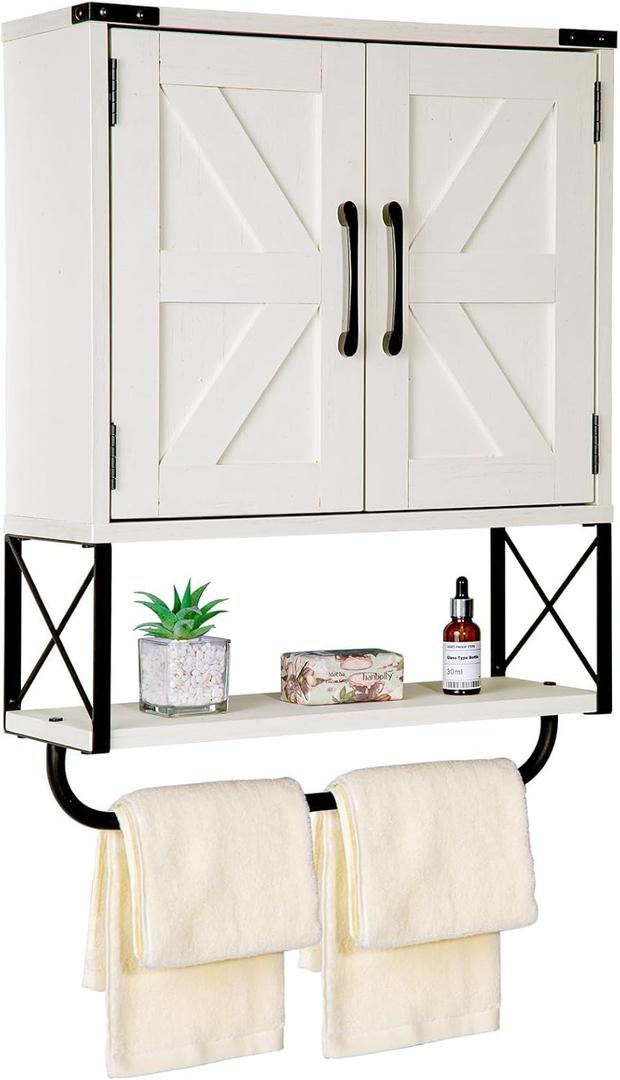 RUSTOWN Farmhouse Medicine Cabinet with 2 Barn Door, Wood Wall Mounted Storage Cabinet with Adjustable Shelf and Towel Bar, 3-Tier Bathroom Cabinet for Bathroom, Living Room(Vintage White, Medium)