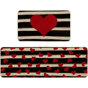Artoid Mode Watercolor Stripes Love Heart Kitchen Mats Set of 2, Seasonal Valentine's Anniversary Wedding Low-Profile Floor Mat for Home Kitchen - 17x29 and 17x47 Inch